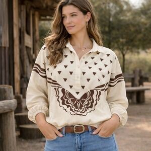 Vintage Sweet P Blouse Southwestern Graphic Cream Pullover Top USA Women's Small